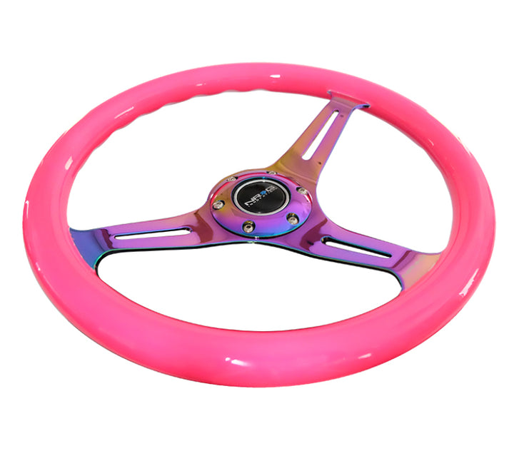 NRG Classic Wood Grain Steering Wheel (350mm) Neon Pink Painted Grip w/Neochrome 3-Spoke Center - Premium Steering Wheels from NRG - Just 638.49 SR! Shop now at Motors