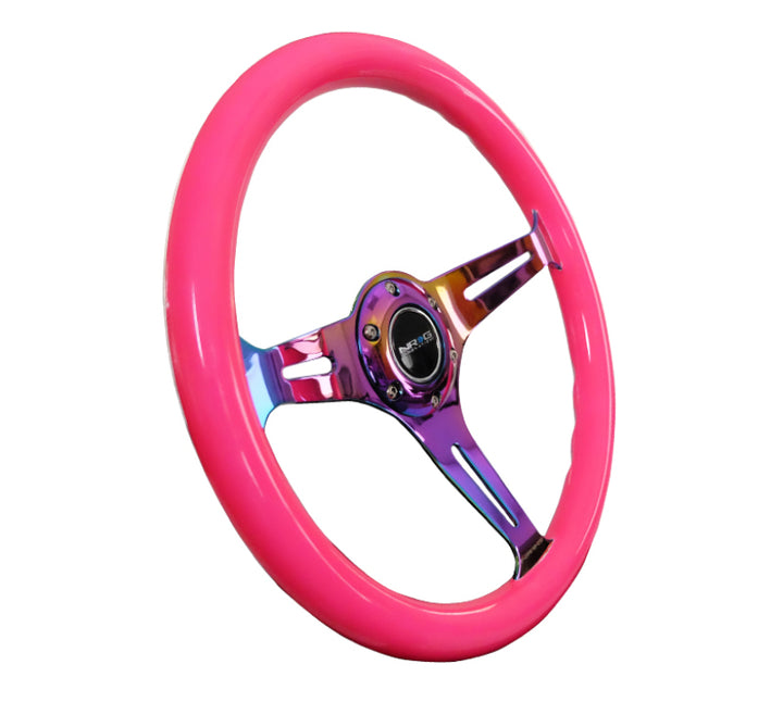 NRG Classic Wood Grain Steering Wheel (350mm) Neon Pink Painted Grip w/Neochrome 3-Spoke Center - Premium Steering Wheels from NRG - Just 638.49 SR! Shop now at Motors