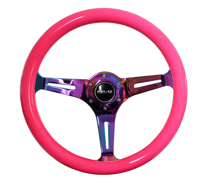 NRG Classic Wood Grain Steering Wheel (350mm) Neon Pink Painted Grip w/Neochrome 3-Spoke Center - Premium Steering Wheels from NRG - Just 638.49 SR! Shop now at Motors