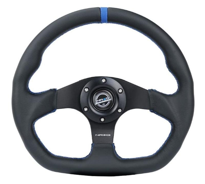 NRG Reinforced Steering Wheel (320mm) Sport Leather Flat Bottom w/ Blue Center/ Blue Stitching - Premium Steering Wheels from NRG - Just 600.93 SR! Shop now at Motors