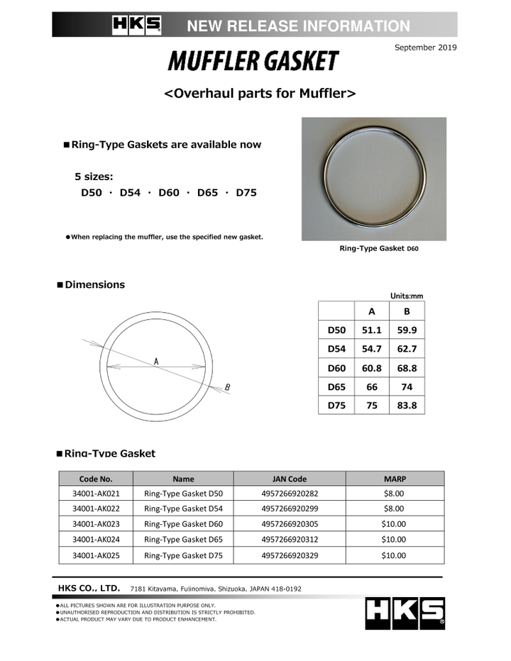 HKS Muffler Gasket 51.1mm ID 59.9mm OD - Premium Exhaust Gaskets from HKS - Just 25.54 SR! Shop now at Motors