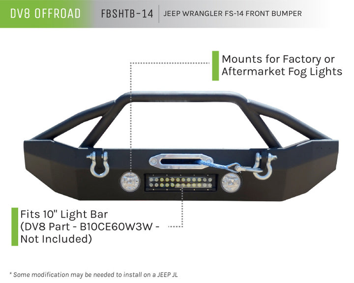 DV8 Offroad 07-18 Jeep Wrangler JK/JL FS-14 Mid Length Steel Front Bumper w/ Fog Lights & LED Lights - Premium Bumpers - Steel from DV8 Offroad - Just 2728.97 SR! Shop now at Motors