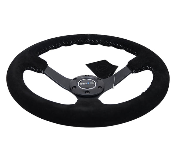 NRG Reinforced Steering Wheel (350mm / 3in. Deep) Blk Suede/Silver BBall Stitch w/5mm Mt. Blk Spokes