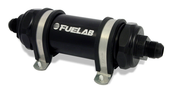 Fuelab 858 In-Line Fuel Filter Long -10AN In/Out 100 Micron Stainless w/Check Valve - Black