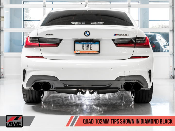 AWE Tuning 2019+ BMW M340i (G20) Resonated Touring Edition Exhaust - Quad Diamond Black Tips - Premium Catback from AWE Tuning - Just 10282.11 SR! Shop now at Motors