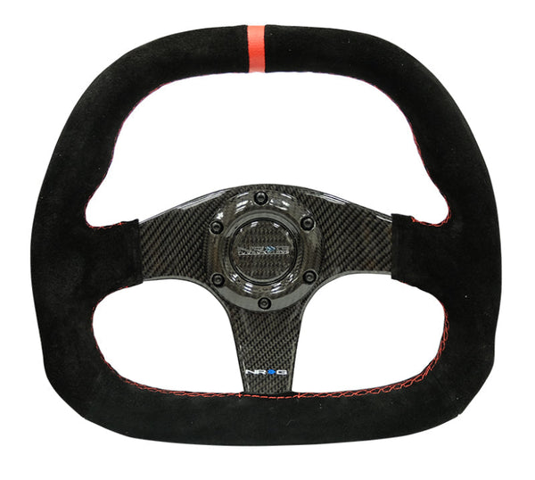 NRG Carbon Fiber Steering Wheel (320mm) Flat Btm. Blk Suede/Red Stitch w/CF Spokes & Red Center Mark - Premium Steering Wheels from NRG - Just 1201.87 SR! Shop now at Motors