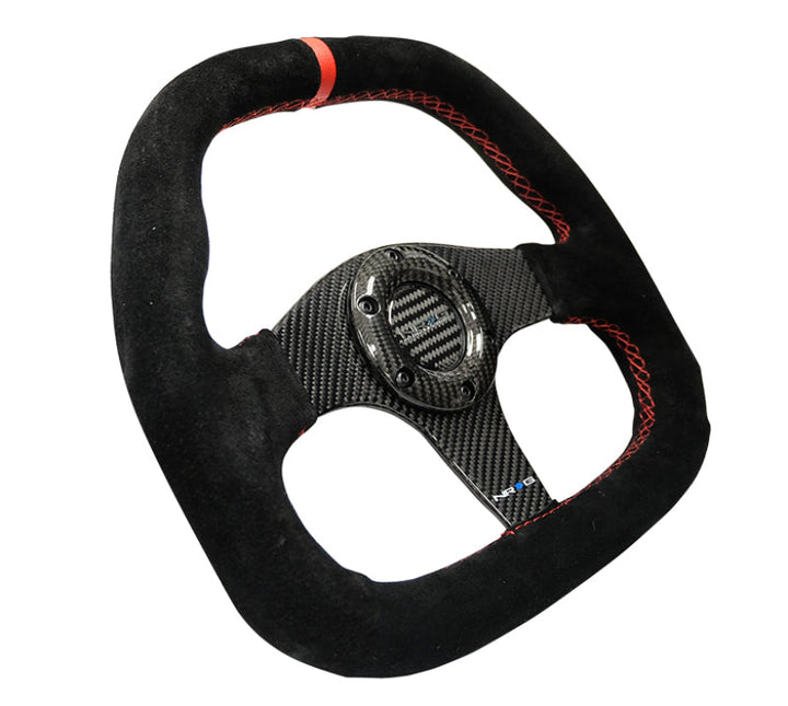 NRG Carbon Fiber Steering Wheel (320mm) Flat Btm. Blk Suede/Red Stitch w/CF Spokes & Red Center Mark - Premium Steering Wheels from NRG - Just 1201.87 SR! Shop now at Motors