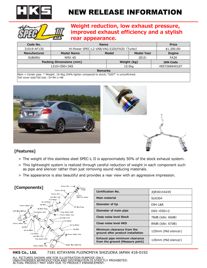 HKS Hi-Power SPEC-L2 VAB EJ20 - Premium Catback from HKS - Just 4536.16 SR! Shop now at Motors