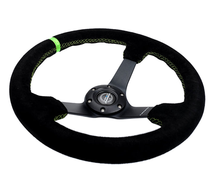 NRG Reinforced Steering Wheel 350mm/3in. Deep Blk Suede/ Neon Green Stitch w/5mm Matte Black Spoke - Premium Steering Wheels from NRG - Just 676.05 SR! Shop now at Motors