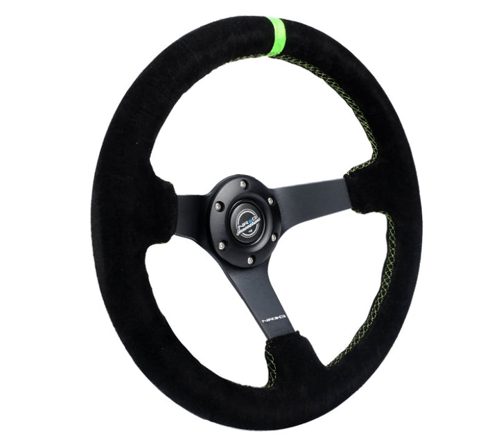 NRG Reinforced Steering Wheel 350mm/3in. Deep Blk Suede/ Neon Green Stitch w/5mm Matte Black Spoke - Premium Steering Wheels from NRG - Just 676.05 SR! Shop now at Motors