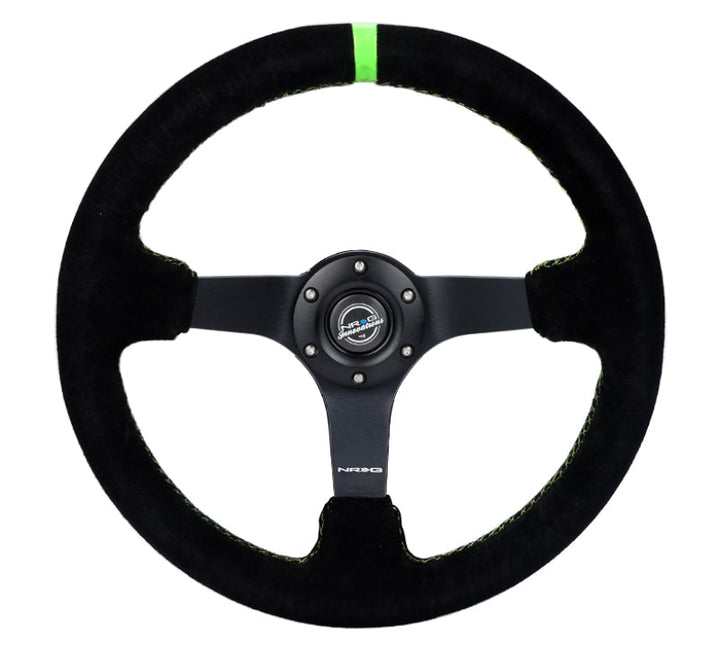 NRG Reinforced Steering Wheel 350mm/3in. Deep Blk Suede/ Neon Green Stitch w/5mm Matte Black Spoke - Premium Steering Wheels from NRG - Just 676.05 SR! Shop now at Motors