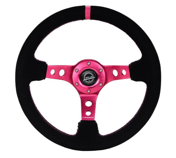 NRG Reinforced Steering Wheel (350mm/ 3in. Deep) Black Suede/ Fushia Center Mark/ Fushia Stitching - Premium Steering Wheels from NRG - Just 503.28 SR! Shop now at Motors