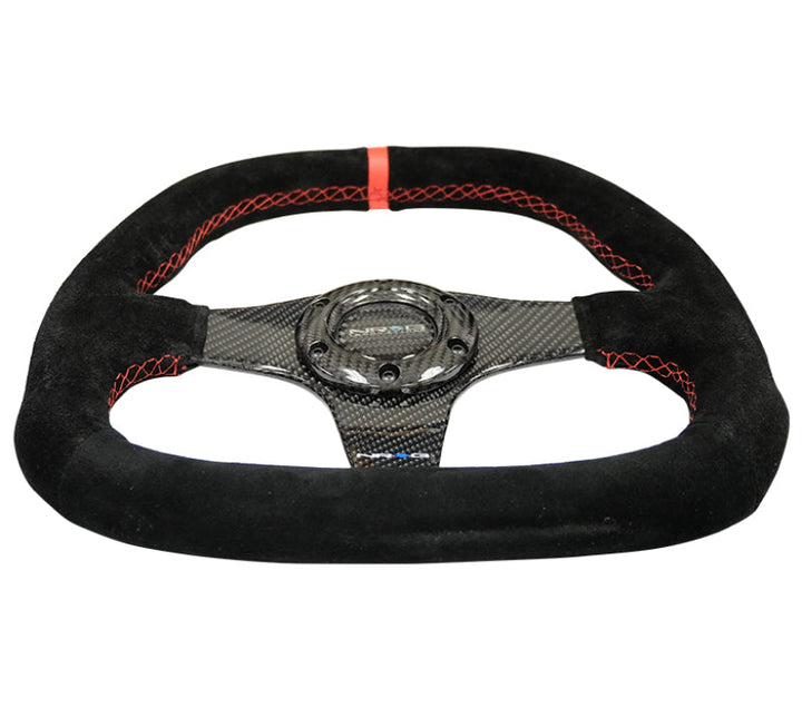 NRG Carbon Fiber Steering Wheel (320mm) Flat Btm. Blk Suede/Red Stitch w/CF Spokes & Red Center Mark - Premium Steering Wheels from NRG - Just 1201.87 SR! Shop now at Motors