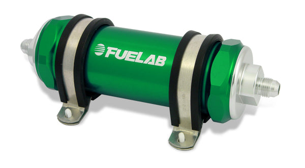 Fuelab 858 In-Line Fuel Filter Long -8AN In/Out 100 Micron Stainless w/Check Valve - Green